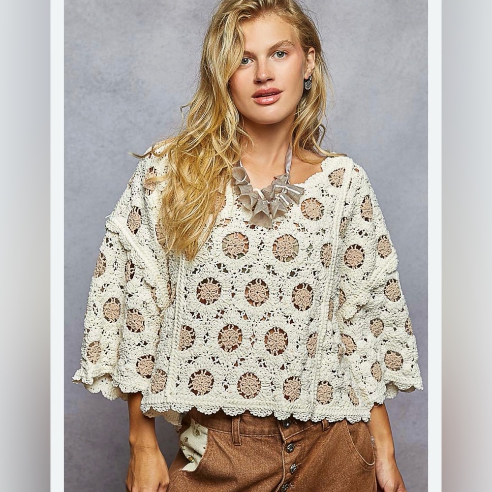 POL Spring Chenille Crochet Cropped Top in Cream/Latte OSFM (S-L) Boho Cottage